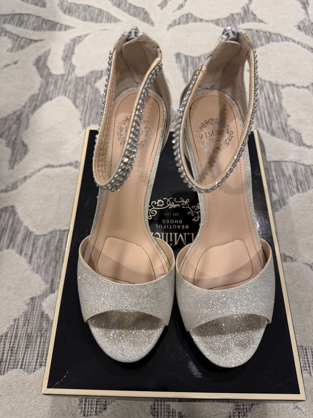Glitter Open-Toe Ankle-Strap Heels in Silver